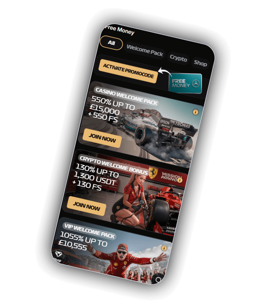 Spin Formula promotions screen showing the Casino Welcome Pack, Crypto Welcome Bonus and VIP Welcome Pack